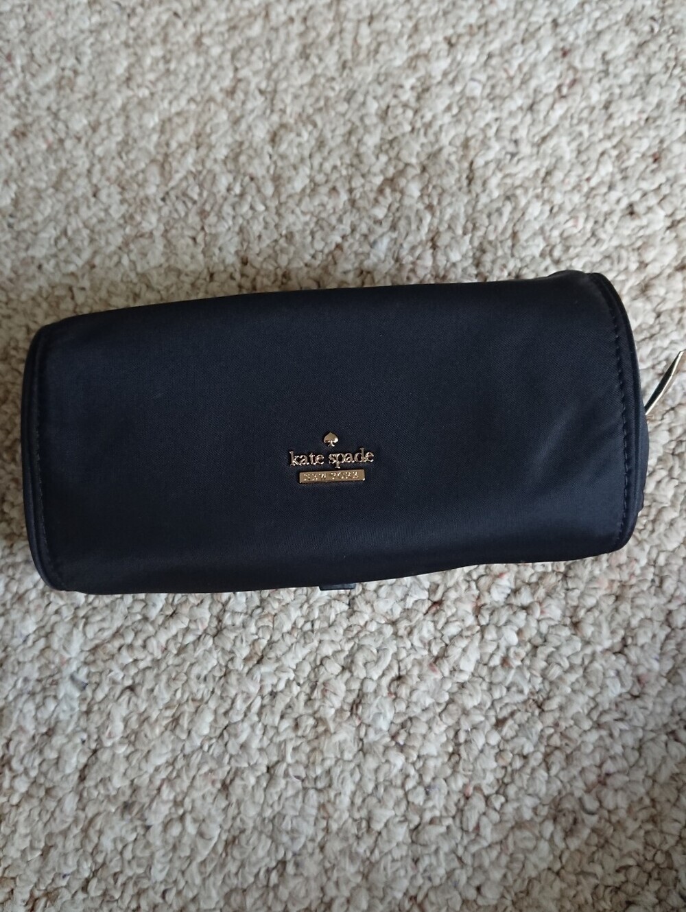 kate spade black nylon zip cosmetic pouch with gold logo